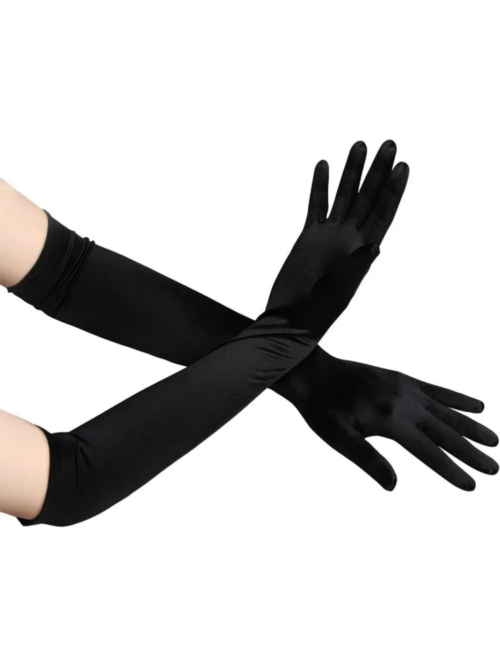 Women's Black Satin Opera Length Stretch Elbow Long Evening Party Gloves